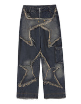 Women's Patchwork Fringe Pocket Wide Leg Loose Casual Cargo Boyfriend Jeans